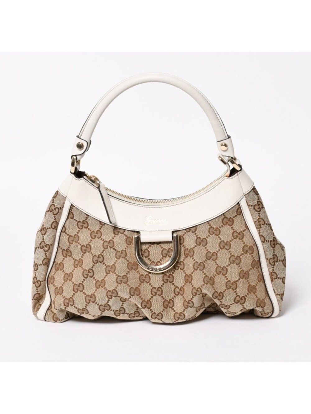 Gucci Bag Handbag Abbey GG Canvas Leather White Beige Gold